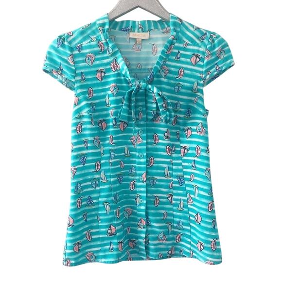 ModCloth Sailboat Print Button Up Short Sleeve Neck Tie Blouse - Picture 1 of 6